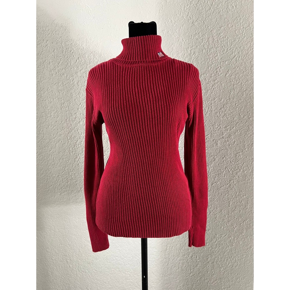 Vintage Polo Jeans Ralph Lauren Red Ribbed Turtleneck USA Flag Sweater Knit M